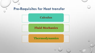 Pre-Requisites for Heat transfer
Calculus
Fluid Mechanics
Thermodynamics
 
