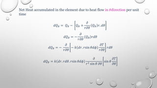 Net Heat accumulated in the element due to heat flow in 𝜃direction per unit
time
𝑑𝑄𝜃 = 𝑄𝜃 − 𝑄𝜃 +
𝜕
𝑟𝜕𝜃
𝑄𝜃 𝑟. 𝑑𝜃
𝑑𝑄𝜃 = −
𝜕
𝑟𝜕𝜃
𝑄𝜃 𝑟𝑑𝜃
𝑑𝑄𝜃 = −
𝜕
𝑟𝜕𝜃
− 𝑘 𝑑𝑟. 𝑟sin 𝜃𝑑𝜙
𝜕𝑇
𝑟𝜕𝜃
𝑟𝑑𝜃
𝑑𝑄𝜃 = 𝑘 𝑑𝑟. 𝑟𝑑𝜃. 𝑟sin 𝜃𝑑𝜙
𝜕
𝑟2 sin 𝜃 𝜕𝜃
sin 𝜃
𝜕𝑇
𝜕𝜃
 