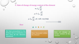 C. Rate of change of energy content of the element
𝑚. 𝐶𝑝.
𝜕𝑇
𝜕𝜏
𝜌. 𝑉. 𝐶𝑝 .
𝜕𝑇
𝜕𝜏
𝜌. 𝐶𝑝.
𝜕𝑇
𝜕𝜏
. 𝑑𝑟. 𝑟𝑑𝜃. 𝑟sin 𝜃𝑑𝜙
------------------(iii)
Now
A + B = C
Net heat accumulated in the
element due to conduction of
heat from all the direction
considered
Heat Generated within
the element
Rate of change of
energy content of the
element
 