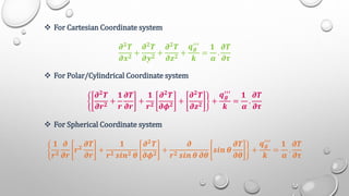  For Cartesian Coordinate system
𝝏𝟐
𝑻
𝝏𝒙𝟐 +
𝝏𝟐
𝑻
𝝏𝒚𝟐 +
𝝏𝟐
𝑻
𝝏𝒛𝟐 +
𝒒𝒈
′′′
𝒌
=
𝟏
𝜶
.
𝝏𝑻
𝝏𝝉
 For Polar/Cylindrical Coordinate system
𝝏𝟐
𝑻
𝝏𝒓𝟐
+
𝟏
𝒓
𝝏𝑻
𝝏𝒓
+
𝟏
𝒓𝟐
𝝏𝟐
𝑻
𝝏𝝓𝟐
+
𝝏𝟐
𝑻
𝝏𝒛𝟐
+
𝒒𝒈
′′′
𝒌
=
𝟏
𝜶
.
𝝏𝑻
𝝏𝝉
 For Spherical Coordinate system
𝟏
𝒓𝟐
𝝏
𝝏𝒓
𝒓𝟐
𝝏𝑻
𝝏𝒓
+
𝟏
𝒓𝟐 𝒔𝒊𝒏𝟐 𝜽
𝝏𝟐𝑻
𝝏𝝓𝟐
+
𝝏
𝒓𝟐 𝒔𝒊𝒏 𝜽 𝝏𝜽
𝒔𝒊𝒏 𝜽
𝝏𝑻
𝝏𝜽
+
𝒒𝒈
′′′
𝒌
=
𝟏
𝜶
.
𝝏𝑻
𝝏𝝉
 