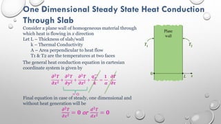 One Dimensional Steady State Heat Conduction
Through Slab
Consider a plane wall of homogeneous material through
which heat is flowing in x direction
Let L – Thickness of slab/wall
k – Thermal Conductivity
A – Area perpendicular to heat flow
T1 & T2 are the temperatures at two faces
The general heat conduction equation in cartesian
coordinate system is given by
𝝏𝟐𝑻
𝝏𝒙𝟐
+
𝝏𝟐𝑻
𝝏𝒚𝟐
+
𝝏𝟐𝑻
𝝏𝒛𝟐
+
𝒒𝒈
′′′
𝒌
=
𝟏
𝜶
.
𝝏𝑻
𝝏𝝉
= 0
Final equation in case of steady, one dimensional and
without heat generation will be
𝝏𝟐𝑻
𝝏𝒙𝟐 = 𝟎 or
𝒅𝟐𝑻
𝒅𝒙𝟐 = 𝟎
 