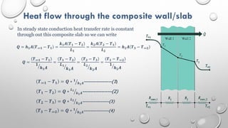 Heat flow through the composite wall/slab
𝑸 = 𝒉𝟏𝑨 𝑻∞𝟏 − 𝑻𝟏 =
𝒌𝟏𝑨 𝑻𝟏 − 𝑻𝟐
𝑳𝟏
=
𝒌𝟐𝑨 𝑻𝟐 − 𝑻𝟑
𝑳𝟐
= 𝒉𝟐𝑨 𝑻𝟑 − 𝑻∞𝟐
In steady state conduction heat transfer rate is constant
through out this composite slab so we can write
𝑸 =
𝑻∞𝟏 − 𝑻𝟏
𝟏
𝒉𝟏𝑨
=
𝑻𝟏 − 𝑻𝟐
𝑳𝟏
𝒌𝟏𝑨
=
𝑻𝟐 − 𝑻𝟑
𝑳𝟐
𝒌𝟐𝑨
=
𝑻𝟑 − 𝑻∞𝟐
𝟏
𝒉𝟐𝑨
𝑻∞𝟏 − 𝑻𝟏 = 𝑸 ∗ 𝟏
𝒉𝟏𝑨------------------(1)
𝑻𝟏 − 𝑻𝟐 = 𝑸 ∗ 𝑳𝟏
𝒌𝟏𝑨-------------------(2)
𝑻𝟐 − 𝑻𝟑 = 𝑸 ∗ 𝑳𝟐
𝒌𝟐𝑨-------------------(3)
𝑻𝟑 − 𝑻∞𝟐 = 𝑸 ∗ 𝟏
𝒉𝟐𝑨------------------(4)
 