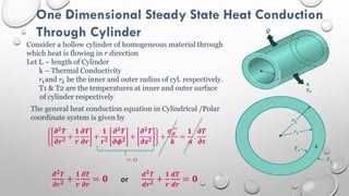 One Dimensional Steady State Heat Conduction
Through Cylinder
Consider a hollow cylinder of homogeneous material through
which heat is flowing in r direction
Let L – length of Cylinder
k – Thermal Conductivity
𝑟1and 𝑟2 be the inner and outer radius of cyl. respectively.
T1 & T2 are the temperatures at inner and outer surface
of cylinder respectively
The general heat conduction equation in Cylindrical /Polar
coordinate system is given by
𝝏𝟐𝑻
𝝏𝒓𝟐
+
𝟏
𝒓
𝝏𝑻
𝝏𝒓
+
𝟏
𝒓𝟐
𝝏𝟐𝑻
𝝏𝝓𝟐
+
𝝏𝟐𝑻
𝝏𝒛𝟐
+
𝒒𝒈
′′′
𝒌
=
𝟏
𝜶
.
𝝏𝑻
𝝏𝝉
= 0
𝝏𝟐𝑻
𝝏𝒓𝟐 +
𝟏
𝒓
𝝏𝑻
𝝏𝒓
= 𝟎 or
𝒅𝟐𝑻
𝒅𝒓𝟐 +
𝟏
𝒓
𝒅𝑻
𝒅𝒓
= 𝟎
 