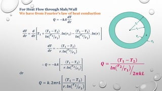 For Heat Flow through Slab/Wall
We have from Fourier’s law of heat conduction
𝑸 = −𝒌𝑨
𝒅𝑻
𝒅𝒓
𝒅𝑻
𝒅𝒓
=
𝒅
𝒅𝒓
𝑻𝟏 +
𝑻𝟏 − 𝑻𝟐
𝒍𝒏
𝒓𝟐
𝒓𝟏
. 𝒍𝒏 𝒓𝟏 −
𝑻𝟏 − 𝑻𝟐
𝒍𝒏
𝒓𝟐
𝒓𝟏
. 𝒍𝒏 𝒓
𝒅𝑻
𝒅𝒓
= −
𝑻𝟏 − 𝑻𝟐
𝒓. 𝒍𝒏
𝒓𝟐
𝒓𝟏
∴ 𝑸 = −𝒌𝑨 −
𝑻𝟏 − 𝑻𝟐
𝒓. 𝒍𝒏
𝒓𝟐
𝒓𝟏
Or
𝑸 = 𝒌. 𝟐𝝅𝒓𝑳
𝑻𝟏 − 𝑻𝟐
𝒓. 𝒍𝒏
𝒓𝟐
𝒓𝟏
𝑸 =
𝑻𝟏 − 𝑻𝟐
𝒍𝒏
𝒓𝟐
𝒓𝟏
𝟐𝝅𝒌𝑳
 