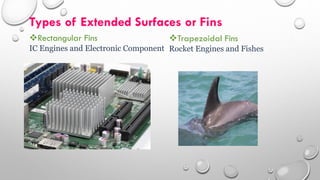 Types of Extended Surfaces or Fins
Rectangular Fins
IC Engines and Electronic Component
Trapezoidal Fins
Rocket Engines and Fishes
 