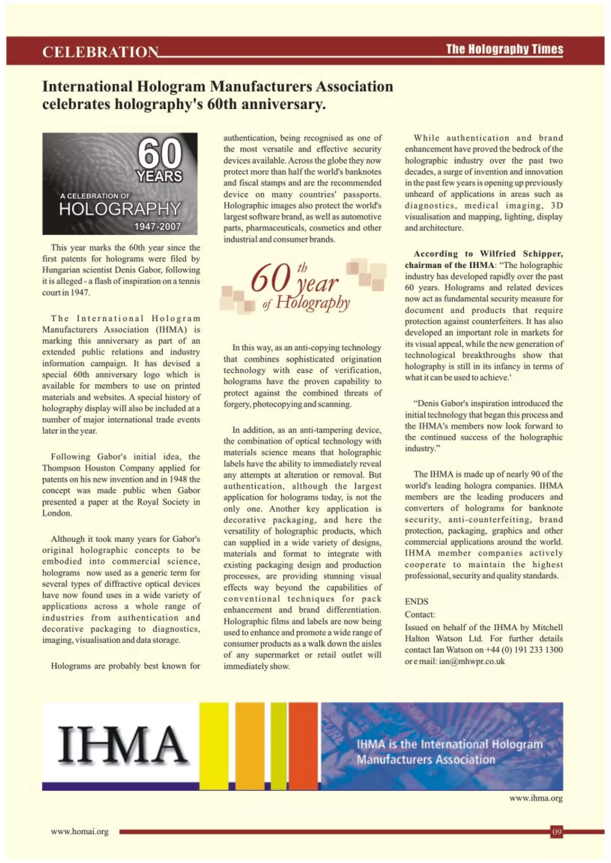 The Holography Times, November 2007, Volume 1, Issue 1