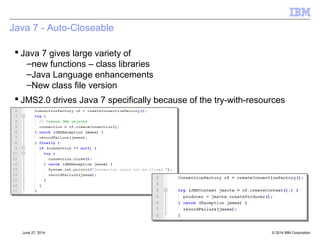 Simplified API 
[§2.8] 
 ConnectionFactory 
an administered object to create a 
Connection. As used by the classic 
API. 
 JMSContext 
an active connection to a JMS 
provider and a single-threaded context 
for sending and receiving messages 
 JMSProducer 
created by a JMSContext, used for 
sending messages to a queue or topic 
 JMSConsumer 
created by a JMSContext, used for 
receiving messages sent to a queue 
or topic 
All based on JMS1.1 
Unified Domain concepts 
© 2014 September 24, 2014 IBM Corporation 
 