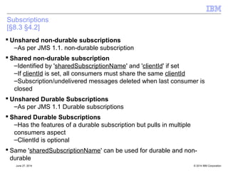 Messages 
[§3] 
 Message Body only 
–JMSProducer & JMSConsumers can now work with the message 
bodies without message objects 
–Messages have a getBody() method 
 After sending message, application free to modify message 
 JMSXDeliveryCount is now mandatory [§3.5.11] 
–Doesn't have to be exactly correct 
• i.e. no persistence of value required 
–If JMSRedelivered=true, then JMSXDevlieryCount>=2 
–MQ JMS has always set this 
© 2014 September 24, 2014 IBM Corporation 
 