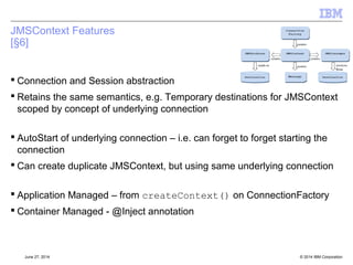 Obtaining and using the JAR files 
 No longer need to install the server or full client support pac to get the RA or JMS/Java client JARs 
 Self-extracting JARs available on Fix Central for 
– IBM MQ Resource Adapter 
– IBM MQ JMS and Java Clients 
 Knowledge Centre has been updated to include comments about moving com.ibm.mq.allclient.jar into 
for example Maven repositories. 
 Full details in Technote 1683398 
– http://www-01.ibm.com/support/docview.wss?uid=swg21683398 
© 2014 September 24, 2014 IBM Corporation 
 