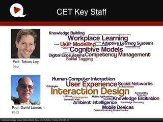 CET Key Staff!




                      Prof. Tobias Ley!
                      Phd!




                     Prof. David Lamas!
                     PhD!
Haridustehnoloogia	
  	
  keskus,	
  Tallinna	
  Ülikool,	
  Narva	
  mnt.	
  25,	
  Tallinn	
  	
  |	
  tel/fax	
  +372	
  6409	
  355	
  
 