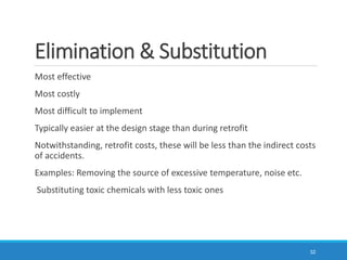 Elimination & Substitution
Most effective
Most costly
Most difficult to implement
Typically easier at the design stage than during retrofit
Notwithstanding, retrofit costs, these will be less than the indirect costs
of accidents.
Examples: Removing the source of excessive temperature, noise etc.
Substituting toxic chemicals with less toxic ones
32
 