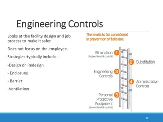 Engineering Controls
Looks at the facility design and job
process to make it safer.
Does not focus on the employee.
Strategies typically include:
-Design or Redesign
- Enclosure
- Barrier
-Ventilation
35
 