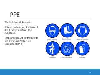 PPE
The last line of defense.
It does not control the hazard
itself rather controls the
exposure.
Employees must be trained to
use Personal Protective
Equipment (PPE)
37
 