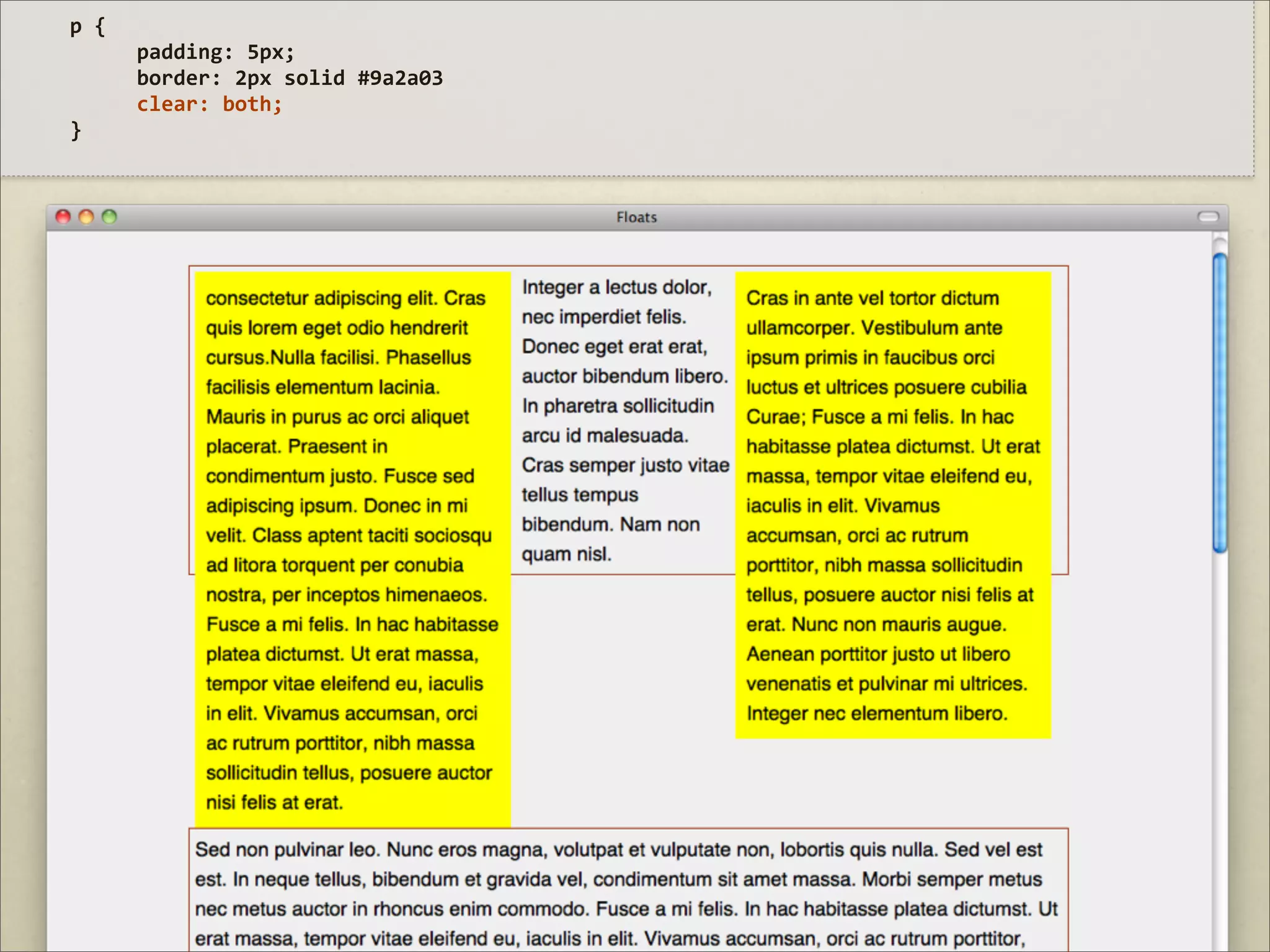 p	
  {
         padding:	
  5px;
         border:	
  2px	
  solid	
  #9a2a03
         clear:	
  both;
}
 