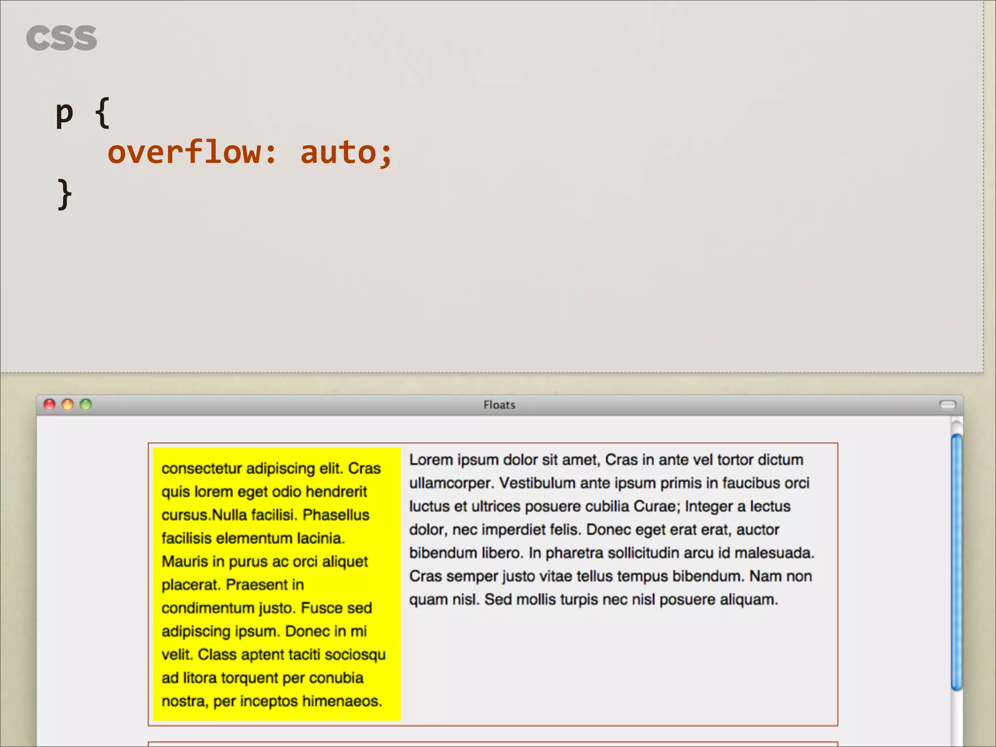 CSS

 p	
  {	
  
       overflow:	
  auto;
 }
 