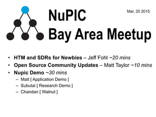NuPIC
Bay Area Meetup
Mar, 25 2015
• HTM and SDRs for Newbies – Jeff Fohl ~20 mins
• Open Source Community Updates – Matt Taylor ~10 mins
• Nupic Demo ~30 mins
– Matt [ Application Demo ]
– Subutai [ Research Demo ]
– Chandan [ Walnut ]
 