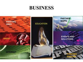 BUSINESS
INTERNET
RADIO
PRINTING
HINDI
PRINTING
ENGLISH
PARTNER
SHIPS
EVENTS AND
SOLUTIONS
EDUCATION
 