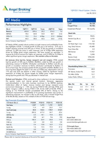 1QFY2011 Result Update | Media
                                                                                                                     July 28, 2010



 HT Media                                                                                BUY
                                                                                         CMP                               Rs158
 Performance Highlights                                                                  Target Price                      Rs186
  (Rs cr)                   1QFY11       1QFY10          % yoy      4QFY10       %qoq    Investment Period           12 months
  Revenue                      402.8        329.6         22.2        374.3        7.6
  EBITDA                        78.6         50.8         54.8         82.1      (4.3)    Stock Info
  OPM (%)                       19.5         15.4       410bp          21.9    (243bp)    Sector                            Media
  PAT                           40.2         28.0         43.5         50.0     (19.8)    Market Cap (Rs cr)                3,722
 Source: Company, Angel Research                                                          Beta                                0.8
                                                                                          52 Week High / Low              174/100
 HT Media (HTML) posted robust numbers on both revenue and profitability fronts.
 Key highlights include: 1) overall growth of 22% yoy in ad revenue - 21% yoy in          Avg. Daily Volume                45,480
 English (positive surprise) and 24% yoy in Hindi, 2) 6% yoy growth in circulation        Face Value (Rs)                     2.0
 revenues, 3) 39% yoy jump in radio revenues, and 4) 410bp OPM expansion
 driven by 520bp gross margin expansion. We have revised our estimates: 1)                BSE Sensex                       17,957
 revenue by 4-6% to account for higher ad revenues, and 2) OPM by 75–95bp to              Nifty                             5,398
 reflect significant gross margin expansion. We maintain a Buy on the stock.
                                                                                          Reuters Code                   HTML.BO
 Ad revenues drive top-line, benign newsprint cost aid margins: HTML posted                Bloomberg Code             HTML@IN
 top-line growth of 22% yoy to Rs403cr (Rs330cr), aided by 22% yoy growth in
 advertising revenue to Rs329cr (Hindustan contributed to Rs96cr) and 6% yoy
 growth in circulation revenues to Rs47cr (Hindustan contributed to Rs32cr). In           Shareholding Pattern (%)
 terms of earnings, the company posted 43.5% yoy growth to Rs40cr (Rs28cr) on a
 recurring basis despite the spike in tax rate (up 470bp yoy), depreciation cost (up      Promoters                          68.8
 11% yoy) and 47% yoy decline in other income, aided by significant margin                MF /Banks /Indian FIs              16.0
 expansion of 410bp yoy (driven largely by 520bp gross margin expansion),
                                                                                          FII /NRIs /OCBs                    15.7
 strong top-line growth and 19% yoy decrease in interest cost.
                                                                                          Indian Public /Others               3.2
 Outlook and Valuation: HTML continued to show resilience in its new businesses
 this quarter (radio and internet gained traction). Moreover, aggressive
 cost-rationalisation in the radio business (continues to be EBITDA positive),
                                                                                          Abs. (%)          3m     1yr       3yr
 trickle–down effect of higher revenue traction and benign newsprint price
 environment (factoring in ~10% rise during FY2010-12E) will help HTML post               Sensex             3.3   17.1     17.9
 higher margins (~20%+) during FY2011-12E. At the CMP of Rs158, HTML is                   HTML              13.3   42.4     (31.1)
 trading at 17x FY2012E revised consolidated EPS of Rs9.3. Owing to the
 significant improvement in profitability of its growing businesses and up-tick in
 advertising revenues, we maintain a Buy on the stock, with a revised Target Price
 of Rs186 (Rs182), based on P/E multiple of 20x on FY2012E earnings.

 Key Financials (Consolidated)
  Y/E March (Rs cr)                      FY2009       FY2010      FY2011E     FY2012E
  Net Sales                                1,347        1,413       1,741       2,014
  % chg                                     11.9           4.9       23.2        15.7
  Net Profit (Adj)                          20.0        143.5       178.9       218.9
  % chg                                    (80.3)       617.3        24.7        22.4
  EBITDA (%)                                 6.5         18.1        19.8        20.3
  EPS (Rs)                                   0.9           6.1        7.6         9.3    Anand Shah
  P/E (x)                                  185.5         25.9        20.8        17.0    022-4040 3800-334
  P/BV (x)                                   4.4           3.8        3.3         2.8    anand.shah@angeltrade.com
  RoE (%)                                    2.4         15.8        16.9        17.6
                                             1.6         14.5        19.2        21.3    Chitrangda Kapur
  RoCE (%)
                                                                                         022-4040 3800-323
  EV/Sales (x)                               3.0           2.8        2.2         1.8
                                                                                         chitrangdar.kapur@angeltrade.com
  EV/EBITDA (x)                             45.8         15.4        11.2         9.0
 Source: Company, Angel Research

Please refer to important disclosures at the end of this report                                                                    1
 