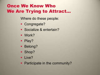 Once We Know Who
We Are Trying to Attract...
Where do these people:
 Congregate?
 Socialize & entertain?
 Work?
 Play?
 Belong?
 Shop?
 Live?
 Participate in the community?
 