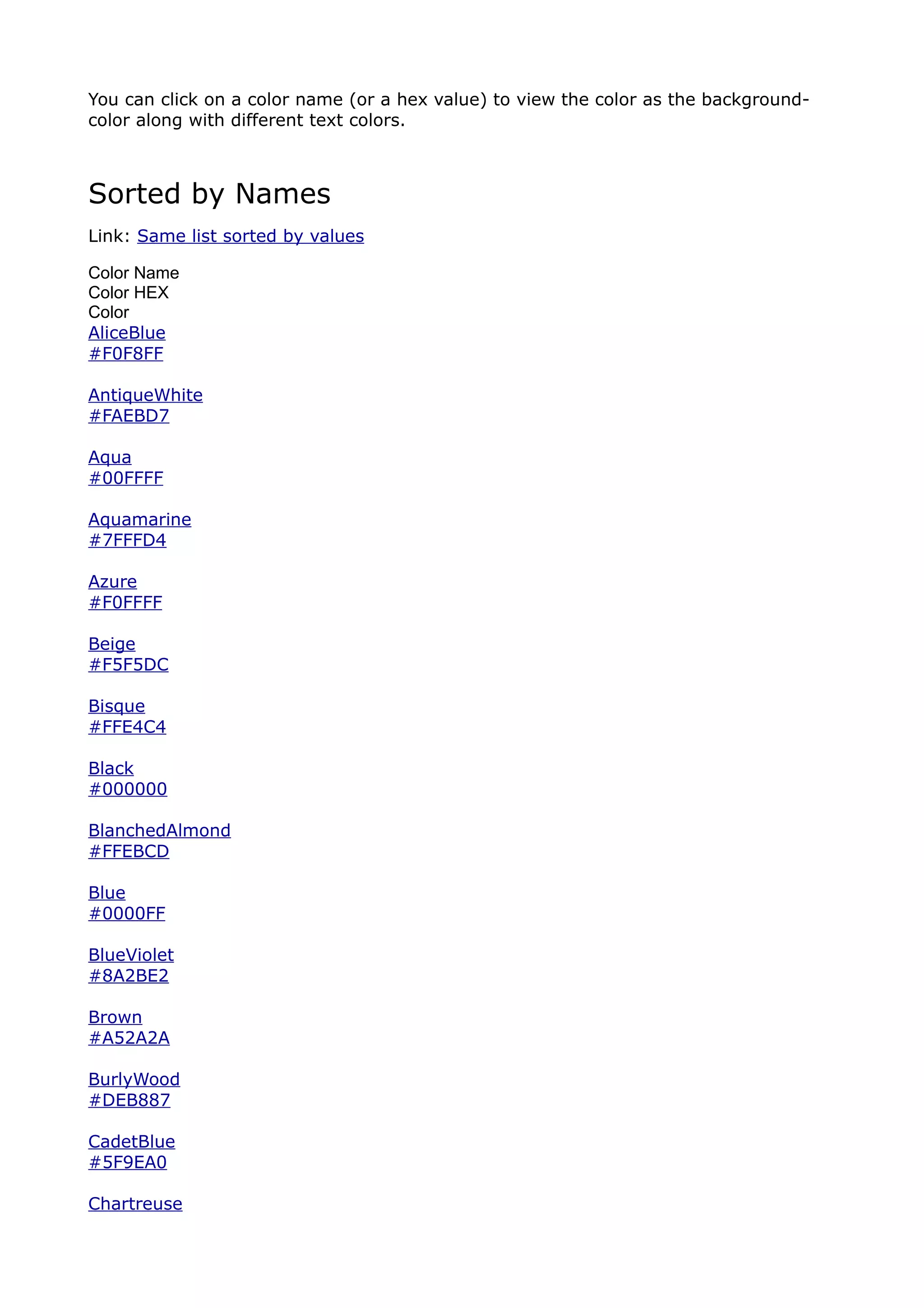 You can click on a color name (or a hex value) to view the color as the background-
color along with different text colors.



Sorted by Names
Link: Same list sorted by values

Color Name
Color HEX
Color
AliceBlue
#F0F8FF

AntiqueWhite
#FAEBD7

Aqua
#00FFFF

Aquamarine
#7FFFD4

Azure
#F0FFFF

Beige
#F5F5DC

Bisque
#FFE4C4

Black
#000000

BlanchedAlmond
#FFEBCD

Blue
#0000FF

BlueViolet
#8A2BE2

Brown
#A52A2A

BurlyWood
#DEB887

CadetBlue
#5F9EA0

Chartreuse
 