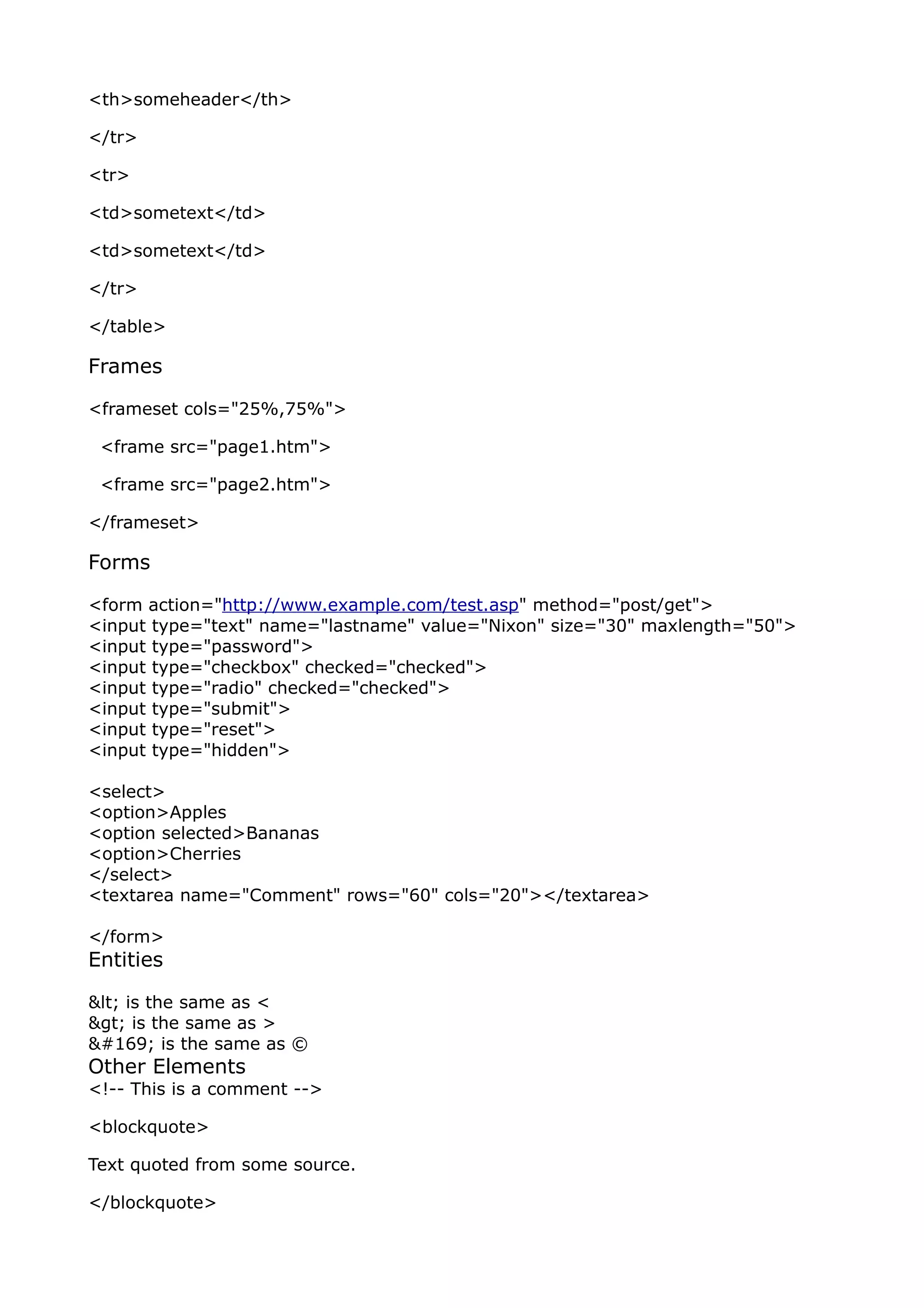 <th>someheader</th>

</tr>

<tr>

<td>sometext</td>

<td>sometext</td>

</tr>

</table>

Frames

<frameset cols="25%,75%">

 <frame src="page1.htm">

 <frame src="page2.htm">

</frameset>

Forms

<form action="http://www.example.com/test.asp" method="post/get">
<input type="text" name="lastname" value="Nixon" size="30" maxlength="50">
<input type="password">
<input type="checkbox" checked="checked">
<input type="radio" checked="checked">
<input type="submit">
<input type="reset">
<input type="hidden">

<select>
<option>Apples
<option selected>Bananas
<option>Cherries
</select>
<textarea name="Comment" rows="60" cols="20"></textarea>

</form>
Entities

< is the same as <
> is the same as >
© is the same as ©
Other Elements
<!-- This is a comment -->

<blockquote>

Text quoted from some source.

</blockquote>
 