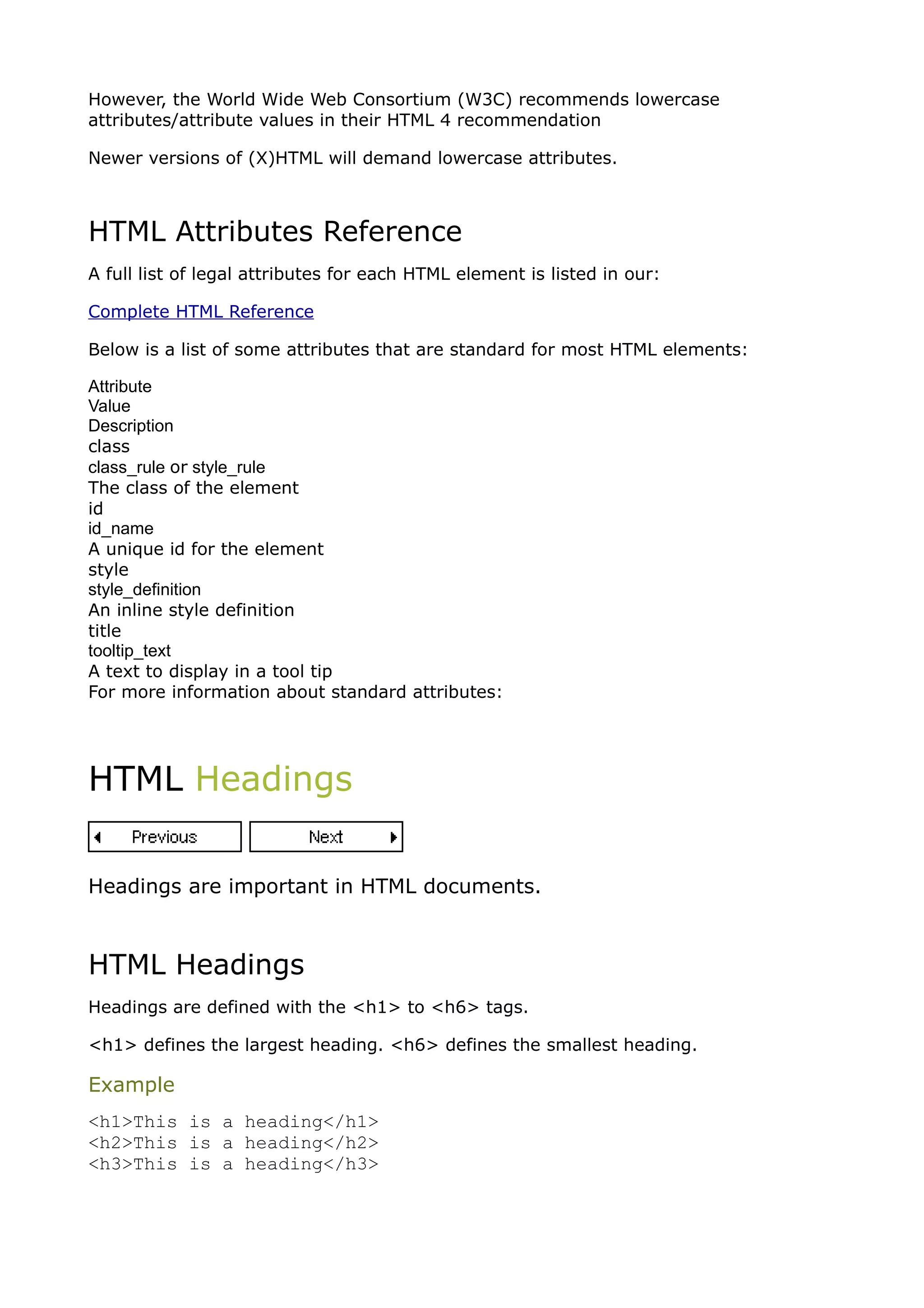 However, the World Wide Web Consortium (W3C) recommends lowercase
attributes/attribute values in their HTML 4 recommendation

Newer versions of (X)HTML will demand lowercase attributes.



HTML Attributes Reference
A full list of legal attributes for each HTML element is listed in our:

Complete HTML Reference

Below is a list of some attributes that are standard for most HTML elements:

Attribute
Value
Description
class
class_rule or style_rule
The class of the element
id
id_name
A unique id for the element
style
style_definition
An inline style definition
title
tooltip_text
A text to display in a tool tip
For more information about standard attributes:




HTML Headings


Headings are important in HTML documents.



HTML Headings
Headings are defined with the <h1> to <h6> tags.

<h1> defines the largest heading. <h6> defines the smallest heading.

Example
<h1>This is a heading</h1>
<h2>This is a heading</h2>
<h3>This is a heading</h3>
 