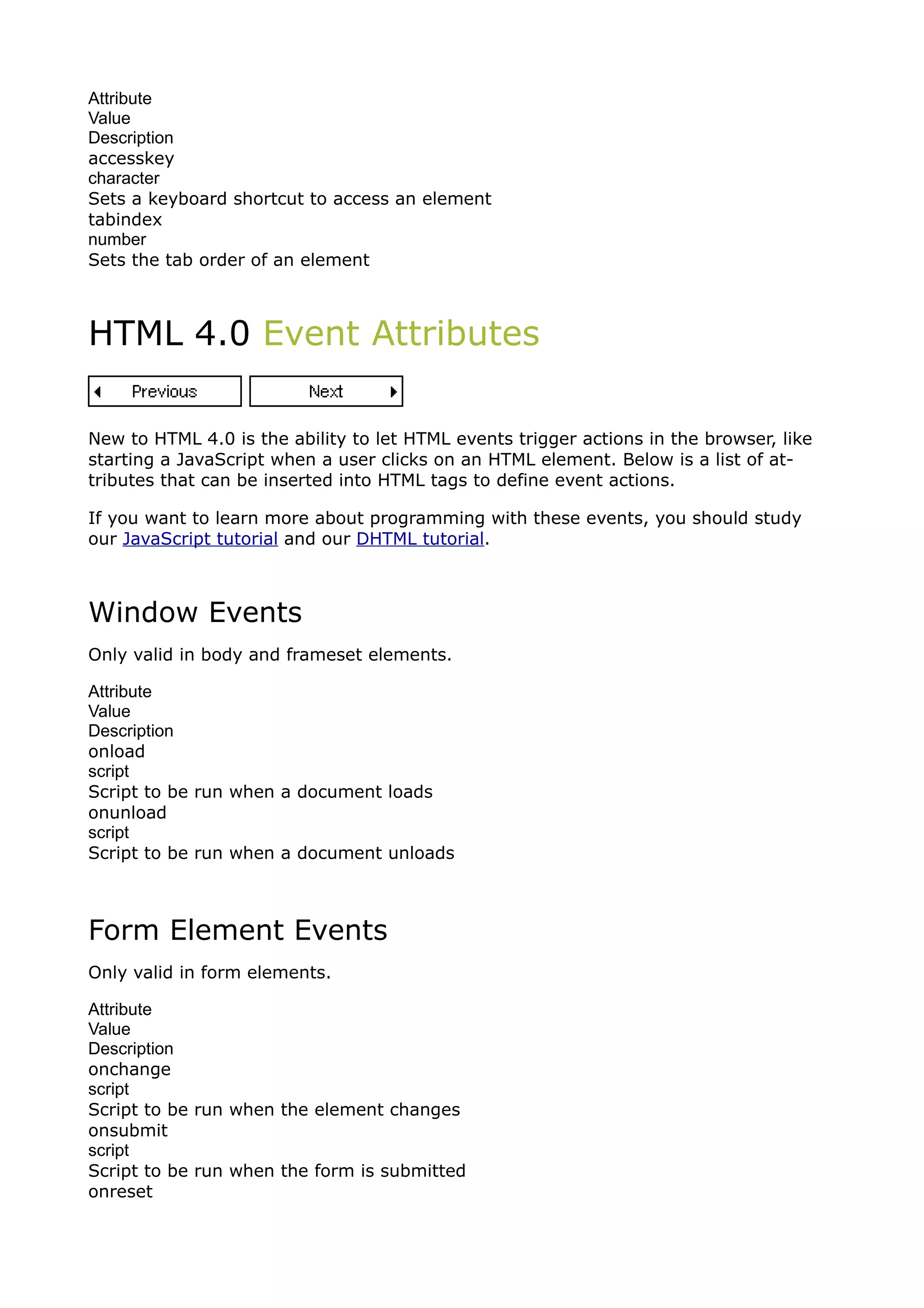 Attribute
Value
Description
accesskey
character
Sets a keyboard shortcut to access an element
tabindex
number
Sets the tab order of an element



HTML 4.0 Event Attributes

New to HTML 4.0 is the ability to let HTML events trigger actions in the browser, like
starting a JavaScript when a user clicks on an HTML element. Below is a list of at-
tributes that can be inserted into HTML tags to define event actions.

If you want to learn more about programming with these events, you should study
our JavaScript tutorial and our DHTML tutorial.



Window Events
Only valid in body and frameset elements.

Attribute
Value
Description
onload
script
Script to be run when a document loads
onunload
script
Script to be run when a document unloads



Form Element Events
Only valid in form elements.

Attribute
Value
Description
onchange
script
Script to be run when the element changes
onsubmit
script
Script to be run when the form is submitted
onreset
 