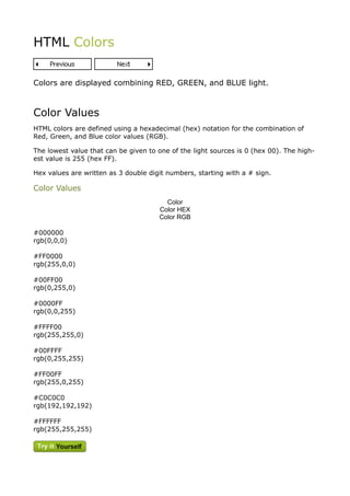 HTML Colors


Colors are displayed combining RED, GREEN, and BLUE light.



Color Values
HTML colors are defined using a hexadecimal (hex) notation for the combination of
Red, Green, and Blue color values (RGB).

The lowest value that can be given to one of the light sources is 0 (hex 00). The high-
est value is 255 (hex FF).

Hex values are written as 3 double digit numbers, starting with a # sign.

Color Values
                                        Color
                                      Color HEX
                                      Color RGB

#000000
rgb(0,0,0)

#FF0000
rgb(255,0,0)

#00FF00
rgb(0,255,0)

#0000FF
rgb(0,0,255)

#FFFF00
rgb(255,255,0)

#00FFFF
rgb(0,255,255)

#FF00FF
rgb(255,0,255)

#C0C0C0
rgb(192,192,192)

#FFFFFF
rgb(255,255,255)
 