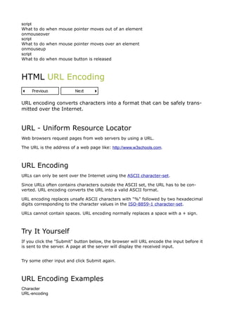 script
What to do when mouse pointer moves out of an element
onmouseover
script
What to do when mouse pointer moves over an element
onmouseup
script
What to do when mouse button is released



HTML URL Encoding


URL encoding converts characters into a format that can be safely trans-
mitted over the Internet.



URL - Uniform Resource Locator
Web browsers request pages from web servers by using a URL.

The URL is the address of a web page like: http://www.w3schools.com.



URL Encoding
URLs can only be sent over the Internet using the ASCII character-set.

Since URLs often contains characters outside the ASCII set, the URL has to be con-
verted. URL encoding converts the URL into a valid ASCII format.

URL encoding replaces unsafe ASCII characters with "%" followed by two hexadecimal
digits corresponding to the character values in the ISO-8859-1 character-set.

URLs cannot contain spaces. URL encoding normally replaces a space with a + sign.



Try It Yourself
If you click the "Submit" button below, the browser will URL encode the input before it
is sent to the server. A page at the server will display the received input.


Try some other input and click Submit again.



URL Encoding Examples
Character
URL-encoding
 