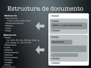 Estructura de documento
  Módulos de:                            <html>
  •Estructura
   •html, head, title, body              <head>
  •Metainformación
  •Estilos                               <title> y otros elementos
  •Link
  •Base                                  </head>
 Módulos de:
 •Texto                                  <body>
   •p, code, div, em, strong, span, q,
   pre, samp, h1, h2, h3, etc            elementos
 •Hipertexto
 •Lista
 •Objetos
 •Presentación
 •Edición
 •Formularios                            </body>
 •Tablas
 •Imágen                                 </html>
 •Otros
www.maximiliano.cl
 