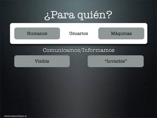¿Para quién?
                     Humanos      Usuarios      Máquinas


                          Comunicamos/Informamos
                       Visible               “Invisible”




www.maximiliano.cl
 