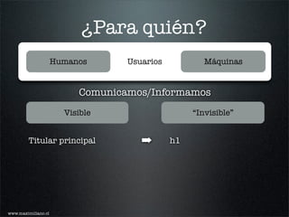 ¿Para quién?
                     Humanos      Usuarios           Máquinas


                          Comunicamos/Informamos
                       Visible                    “Invisible”


         Titular principal           ➡       h1




www.maximiliano.cl
 
