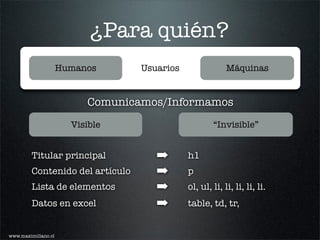 ¿Para quién?
                     Humanos      Usuarios                Máquinas


                          Comunicamos/Informamos
                       Visible                       “Invisible”


         Titular principal           ➡       h1
         Contenido del artículo      ➡       p
         Lista de elementos          ➡       ol, ul, li, li, li, li, li.
         Datos en excel              ➡       table, td, tr,


www.maximiliano.cl
 