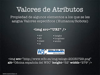 Valores de Atributos
         Propiedad de algunos elementos a los que se les
          asigna Valores especíﬁcos (Humanos/Robots)

                       <img src=”URI” />
                         •scr      •height
                         •alt      •longdesc
                         •class    •width
                         •id




      <img src=”http://www.w3c.es/img/eslogo-20030729.png”
      alt="Oﬁcina española del W3C" height="52" width="279" />


www.maximiliano.cl
 