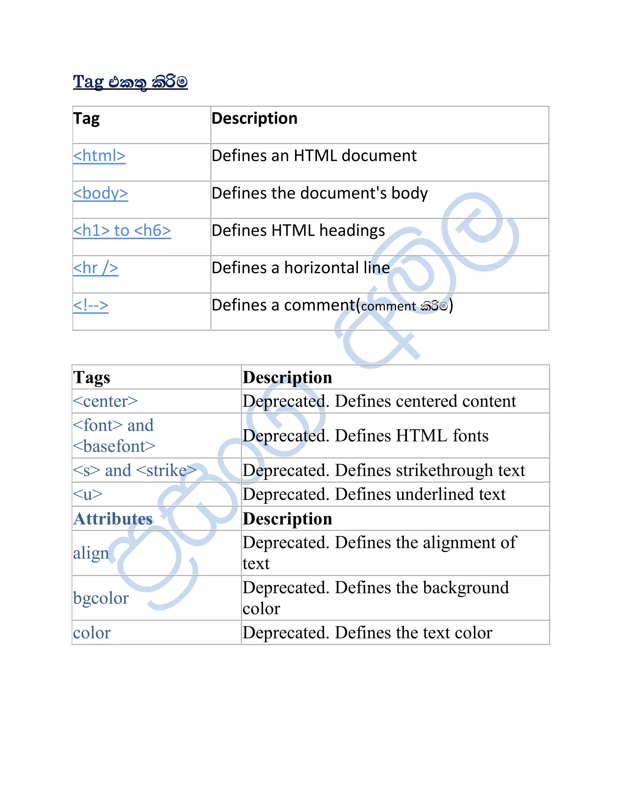 Tag ¦¨ºë ¨èÖÄ

Tag                Description

<html>             Defines an HTML document

<body>             Defines the document's body

<h1> to <h6>       Defines HTML headings

<hr />             Defines a horizontal line

<!-->              Defines a comment(comment ¨èÖÄ)


Tags                   Description
<center>               Deprecated. Defines centered content
<font> and
                       Deprecated. Defines HTML fonts
<basefont>
<s> and <strike>       Deprecated. Defines strikethrough text
<u>                    Deprecated. Defines underlined text
Attributes             Description
                       Deprecated. Defines the alignment of
align
                       text
                       Deprecated. Defines the background
bgcolor
                       color
color                  Deprecated. Defines the text color
 