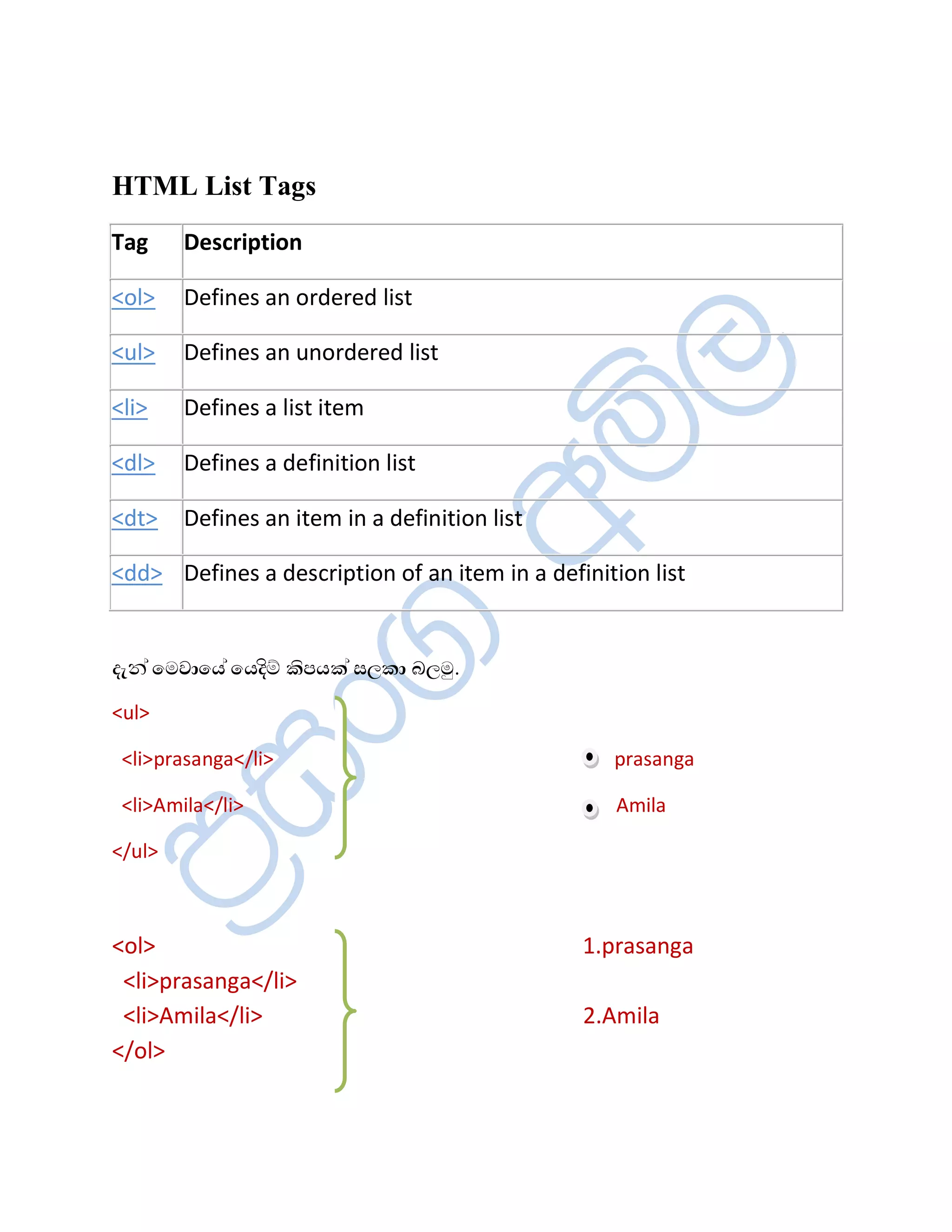 HTML List Tags
Tag     Description

<ol>    Defines an ordered list

<ul>    Defines an unordered list

<li>    Defines a list item

<dl>    Defines a definition list

<dt>    Defines an item in a definition list

<dd> Defines a description of an item in a definition list


¼æ¾à ïÄÉåïÆà ïÆ¼úŠ ¨èÀÆ¨à ÌÈ¨å ÂÈÄê.

<ul>

 <li>prasanga</li>                                prasanga

 <li>Amila</li>                                   Amila

</ul>



<ol>                                           1.prasanga
 <li>prasanga</li>
 <li>Amila</li>                                2.Amila
</ol>
 