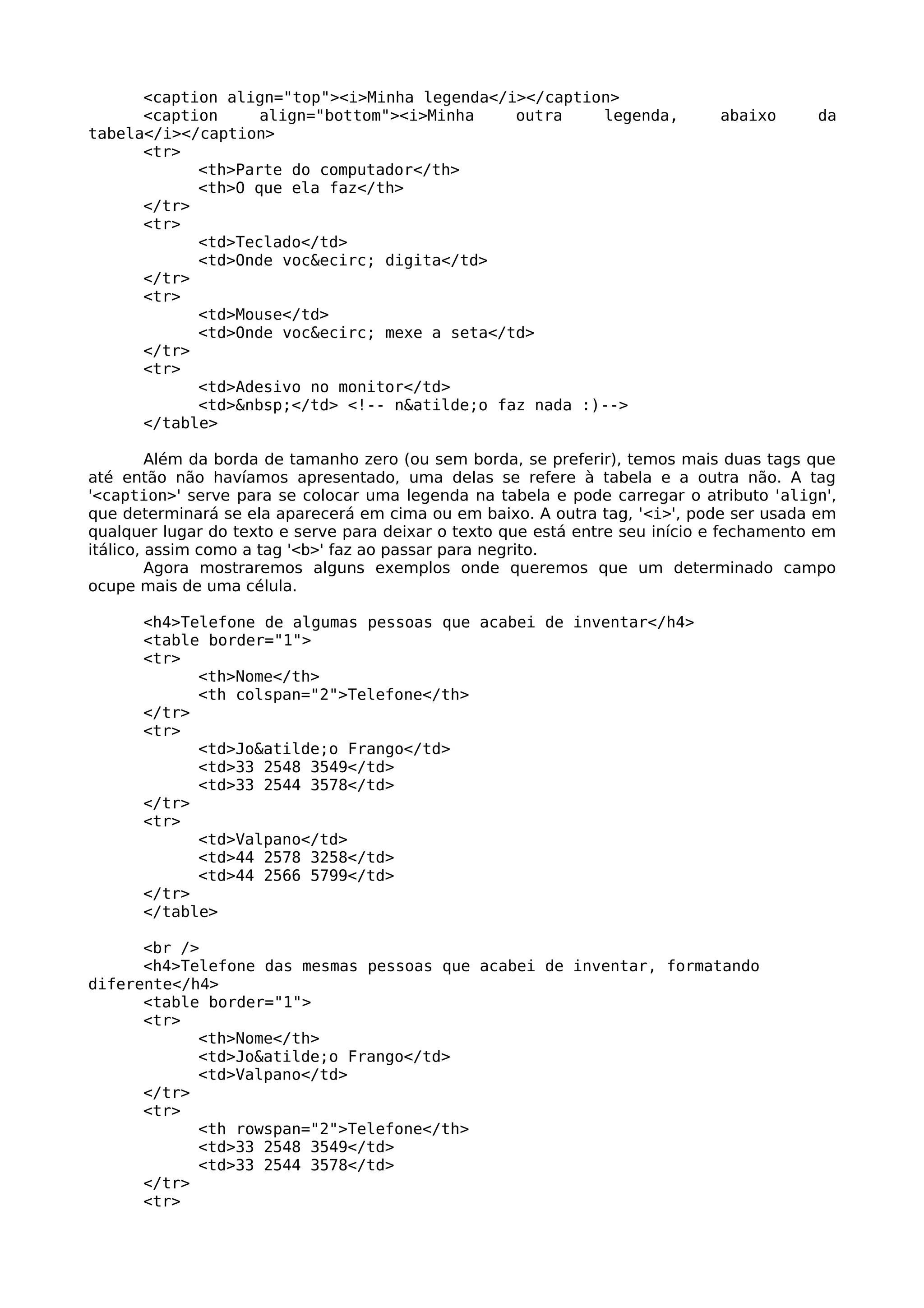 <caption align="top"><i>Minha legenda</i></caption>
      <caption     align="bottom"><i>Minha    outra    legenda,               abaixo      da
tabela</i></caption>
      <tr>
            <th>Parte do computador</th>
            <th>O que ela faz</th>
      </tr>
      <tr>
            <td>Teclado</td>
            <td>Onde voc&ecirc; digita</td>
      </tr>
      <tr>
            <td>Mouse</td>
            <td>Onde voc&ecirc; mexe a seta</td>
      </tr>
      <tr>
            <td>Adesivo no monitor</td>
            <td>&nbsp;</td> <!-- n&atilde;o faz nada :)-->
      </table>

         Além da borda de tamanho zero (ou sem borda, se preferir), temos mais duas tags que
até então não havíamos apresentado, uma delas se refere à tabela e a outra não. A tag
'<caption>' serve para se colocar uma legenda na tabela e pode carregar o atributo 'align',
que determinará se ela aparecerá em cima ou em baixo. A outra tag, '<i>', pode ser usada em
qualquer lugar do texto e serve para deixar o texto que está entre seu início e fechamento em
itálico, assim como a tag '<b>' faz ao passar para negrito.
         Agora mostraremos alguns exemplos onde queremos que um determinado campo
ocupe mais de uma célula.

      <h4>Telefone de algumas pessoas que acabei de inventar</h4>
      <table border="1">
      <tr>
            <th>Nome</th>
            <th colspan="2">Telefone</th>
      </tr>
      <tr>
            <td>Jo&atilde;o Frango</td>
            <td>33 2548 3549</td>
            <td>33 2544 3578</td>
      </tr>
      <tr>
            <td>Valpano</td>
            <td>44 2578 3258</td>
            <td>44 2566 5799</td>
      </tr>
      </table>

      <br />
      <h4>Telefone das mesmas pessoas que acabei de inventar, formatando
diferente</h4>
      <table border="1">
      <tr>
            <th>Nome</th>
            <td>Jo&atilde;o Frango</td>
            <td>Valpano</td>
      </tr>
      <tr>
            <th rowspan="2">Telefone</th>
            <td>33 2548 3549</td>
            <td>33 2544 3578</td>
      </tr>
      <tr>
 