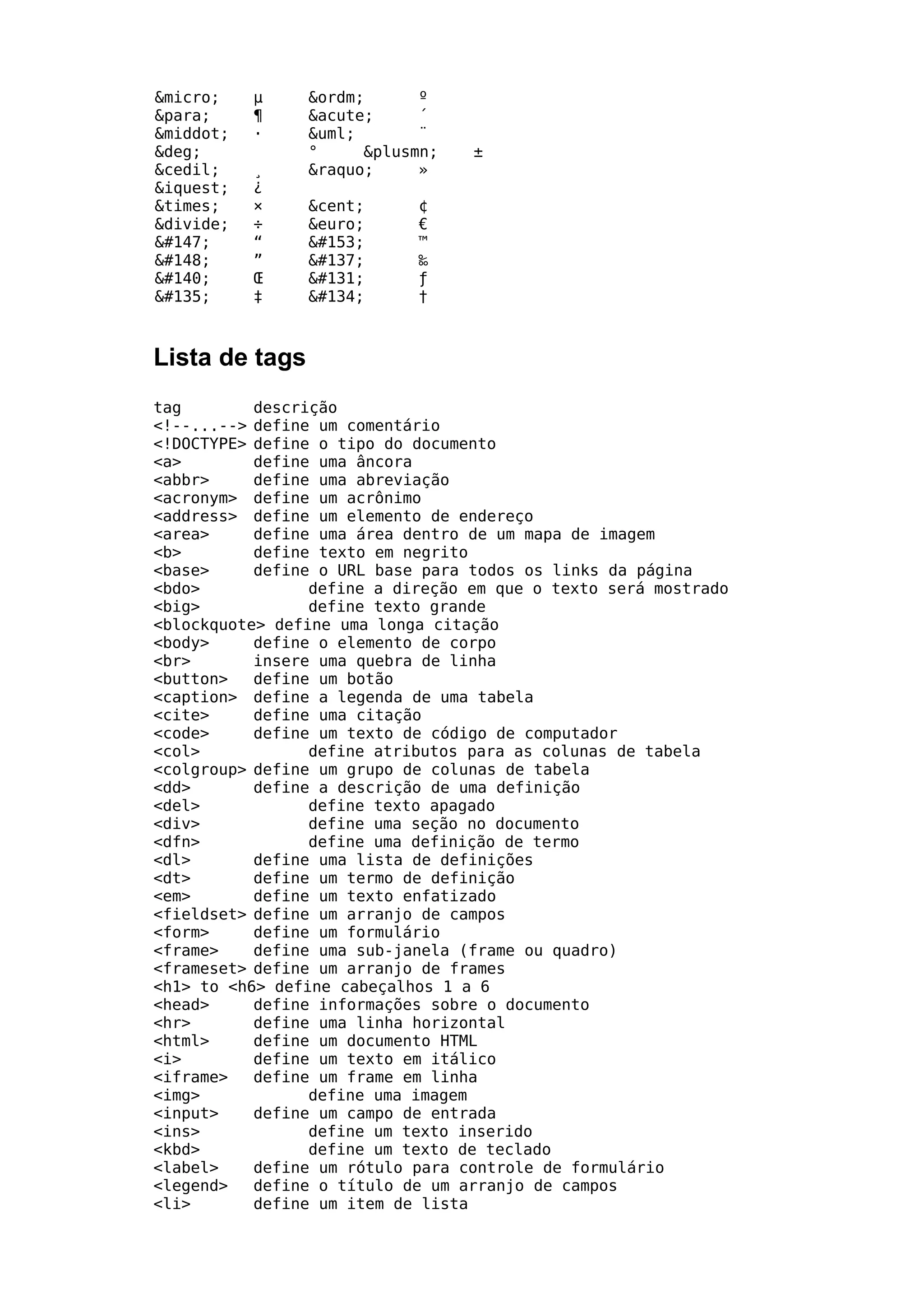 &micro;    µ    &ordm;      º
&para;     ¶    &acute;     ´
&middot;   ·    &uml;       ¨
&deg;           °     &plusmn;    ±
&cedil;    ¸    &raquo;     »
&iquest;   ¿
&times;    ×    &cent;      ¢
&divide;   ÷    &euro;      €
     “          ™
     ”          ‰
     Œ          ƒ
     ‡          †



Lista de tags
tag        descrição
<!--...--> define um comentário
<!DOCTYPE> define o tipo do documento
<a>        define uma âncora
<abbr>     define uma abreviação
<acronym> define um acrônimo
<address> define um elemento de endereço
<area>     define uma área dentro de um mapa de imagem
<b>        define texto em negrito
<base>     define o URL base para todos os links da página
<bdo>            define a direção em que o texto será mostrado
<big>            define texto grande
<blockquote> define uma longa citação
<body>     define o elemento de corpo
<br>       insere uma quebra de linha
<button>   define um botão
<caption> define a legenda de uma tabela
<cite>     define uma citação
<code>     define um texto de código de computador
<col>            define atributos para as colunas de tabela
<colgroup> define um grupo de colunas de tabela
<dd>       define a descrição de uma definição
<del>            define texto apagado
<div>            define uma seção no documento
<dfn>            define uma definição de termo
<dl>       define uma lista de definições
<dt>       define um termo de definição
<em>       define um texto enfatizado
<fieldset> define um arranjo de campos
<form>     define um formulário
<frame>    define uma sub-janela (frame ou quadro)
<frameset> define um arranjo de frames
<h1> to <h6> define cabeçalhos 1 a 6
<head>     define informações sobre o documento
<hr>       define uma linha horizontal
<html>     define um documento HTML
<i>        define um texto em itálico
<iframe>   define um frame em linha
<img>            define uma imagem
<input>    define um campo de entrada
<ins>            define um texto inserido
<kbd>            define um texto de teclado
<label>    define um rótulo para controle de formulário
<legend>   define o título de um arranjo de campos
<li>       define um item de lista
 