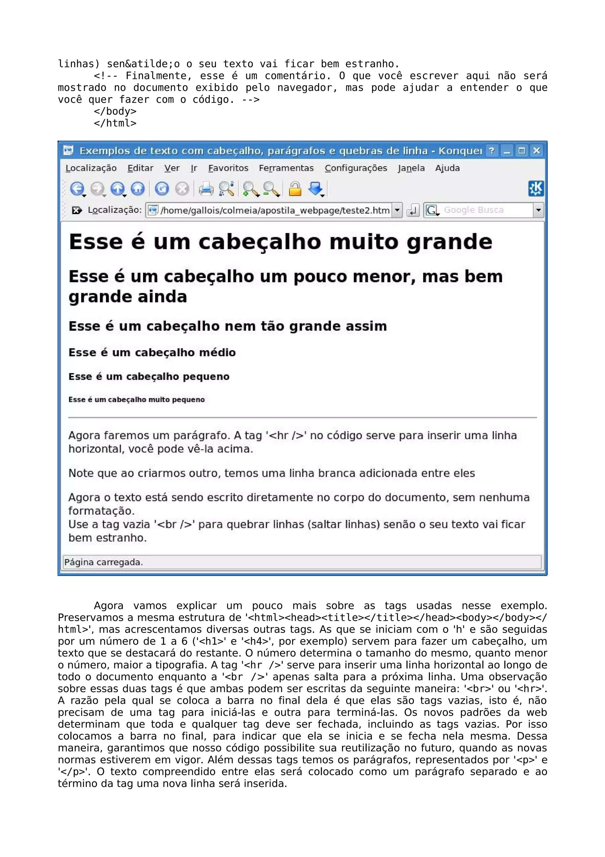 linhas) sen&atilde;o o seu texto vai ficar bem estranho.
      <!-- Finalmente, esse é um comentário. O que você escrever aqui não será
mostrado no documento exibido pelo navegador, mas pode ajudar a entender o que
você quer fazer com o código. -->
      </body>
      </html>




        Agora vamos explicar um pouco mais sobre as tags usadas nesse exemplo.
Preservamos a mesma estrutura de '<html><head><title></title></head><body></body></
html>', mas acrescentamos diversas outras tags. As que se iniciam com o 'h' e são seguidas
por um número de 1 a 6 ('<h1>' e '<h4>', por exemplo) servem para fazer um cabeçalho, um
texto que se destacará do restante. O número determina o tamanho do mesmo, quanto menor
o número, maior a tipografia. A tag '<hr />' serve para inserir uma linha horizontal ao longo de
todo o documento enquanto a '<br />' apenas salta para a próxima linha. Uma observação
sobre essas duas tags é que ambas podem ser escritas da seguinte maneira: '<br>' ou '<hr>'.
A razão pela qual se coloca a barra no final dela é que elas são tags vazias, isto é, não
precisam de uma tag para iniciá-las e outra para terminá-las. Os novos padrões da web
determinam que toda e qualquer tag deve ser fechada, incluindo as tags vazias. Por isso
colocamos a barra no final, para indicar que ela se inicia e se fecha nela mesma. Dessa
maneira, garantimos que nosso código possibilite sua reutilização no futuro, quando as novas
normas estiverem em vigor. Além dessas tags temos os parágrafos, representados por '<p>' e
'</p>'. O texto compreendido entre elas será colocado como um parágrafo separado e ao
término da tag uma nova linha será inserida.
 