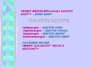 <BODY BGCOLOR=«НАЗВА КОЛЬОРУ ФОНУ">  -  КОЛІР ФОНУ leftmargin  –  ВІДСТУП ЗЛІВА rightmargin  –  ВІДСТУП СПРАВА  topmargin  –  ВІДСТУП ЗВЕРХУ  bottommargin  –  ВІДСТУП ЗНИЗУ ЗАГАЛЬНИЙ ВИГЛЯД <BODY ПАРАМЕТР=" ЧИСЛО В ПІКСЕЛЯХ"> ПАРАМЕТРИ ВІДСТУПІВ 