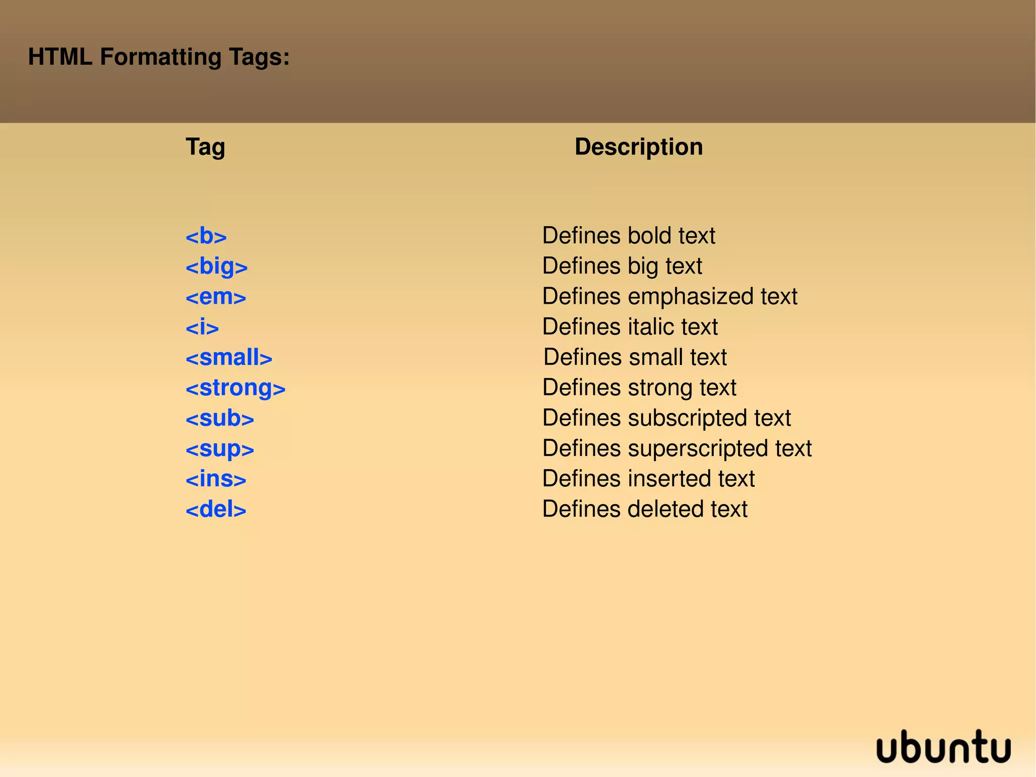 HTML Formatting Tags: Tag  Description <b>    Defines bold text <big>    Defines big text <em>    Defines emphasized text  <i>    Defines italic text <small>      Defines small text <strong>    Defines strong text <sub>    Defines subscripted text <sup>    Defines superscripted text <ins>    Defines inserted text <del>    Defines deleted text 