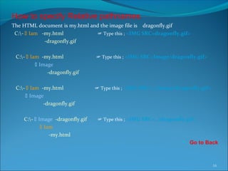 How to specify Relative pathnames
The HTML document is my.html and the image file is dragonfly.gif
C:-  Iam -my.html Type this ;☞ <IMG SRC=dragonfly.gif>
-dragonfly.gif
C:-  Iam -my.html Type this ;☞ <IMG SRC=Image/dragonfly.gif>
 Image
-dragonfly.gif
C:-  Iam -my.html Type this ;☞ <IMG SRC=../Image/dragonfly.gif>
 Image
-dragonfly.gif
C:-  Image -dragonfly.gif Type this ;☞ <IMG SRC=../dragonfly.gif>
 Iam
-my.html
 Go to Back
16
 