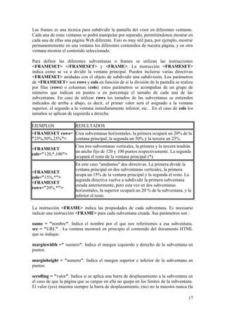 Las frames es una técnica para subdividir la pantalla del visor en diferentes ventanas.
Cada una de estas ventanas se podrá manipular por separado, permitiéndonos mostrar en
cada una de ellas una página Web diferente. Esto es muy útil para, por ejemplo, mostrar
permanentemente en una ventana los diferentes contenidos de nuestra página, y en otra
ventana mostrar el contenido seleccionado.
Para definir las diferentes subventanas o frames se utilizan las instrucciones
<FRAMESET> </FRAMESET> y <FRAME>. La instrucción <FRAMESET>
indica como se va a dividir la ventana principal. Pueden incluirse varias directivas
<FRAMESET> anidadas con el objeto de subdividir una subdivisión. Los parámetros
de <FRAMESET> son rows y cols en función de si la división de la pantalla se realiza
por filas (rows) o columnas (cols). estos parámetros se acompañan de un grupo de
números que indican en puntos o en porcentaje el tamaño de cada una de las
subventanas. En caso de utilizar rows los tamaños de las subventanas se entienden
indicados de arriba a abajo, es decir, el primer valor será el asignado a la ventana
superior, el segundo a la ventana inmediatamente inferior, etc... En el caso de cols los
tamaños se aplican de izquierda a derecha.
EJEMPLOS RESULTADOS
<FRAMESET rows=
"25%,50%,25%">
Crea subventanas horizontales, la primera ocupará un 20% de la
ventana principal, la segunda un 50% y la tercera un 25%.
<FRAMESET
cols="120,*,100">
Crea tres subventanas verticales, la primera y la tercera tendrán
un ancho fijo de 120 y 100 puntos respectivamente. La segunda
ocupará el resto de la ventana principal (*).
<FRAMESET
cols="15%,*">
<FRAMESET
rows="20%,*">
En este caso "anidamos" dos directivas. La primera divide la
ventana principal en dos subventanas verticales, la primera
ocupa un 15% de la ventana principal y la segunda el resto. La
segunda directiva vuelve a subdividir la primera subventana
creada anteriormente, pero esta vez en dos subventanas
horizontales, la superior ocupará un 20 % de la subventana, y la
inferior el resto.
La instrucción <FRAME> indica las propiedades de cada subventana. Es necesario
indicar una instrucción <FRAME> para cada subventana creada. Sus parámetros son :
name = "nombre". Indica el nombre por el que nos referiremos a esa subventana.
src = "URL" . La ventana mostrará en principio el contenido del documento HTML
que se indique.
marginwidth =" numero". Indica el margen izquierdo y derecho de la subventana en
puntos.
marginheight = "numero". Indica el margen superior e inferior de la subventana en
puntos.
scrolling = "valor". Indica si se aplica una barra de desplazamiento a la subventana en
el caso de que la página que se cargue en ella no quepa en los límites de la subventana.
El valor (yes) muestra siempre la barra de desplazamiento, (no) no la muestra nunca (la
17
 