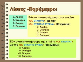 3. Apples 4. Oranges 7. Grapes 8. Bananas Λίστες -Παράμετροι Εάν αντικαταστήσουμε την ετικέτα  <OL  START=3 >  με την   <OL  START=3 TYPE=A >  θα έχουμε: C. Apples D. Oranges G. Grapes H. Bananas Λίστες -Παράμετροι Εάν αντικαταστήσουμε την ετικέτα  <OL  START=3 >  με την  <OL  START=3 TYPE=i >  θα έχουμε:   iii. Apples   iv. Oranges vii. Grapes viii. Bananas 