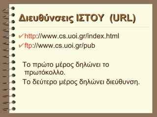Διευθύνσεις ΙΣΤΟΥ  (URL) http ://www.cs.uoi.gr/index.html ftp ://www.cs.uoi.gr/pub Το πρώτο μέρος δηλώνει το πρωτόκολλο. Το δεύτερο μέρος δηλώνει διεύθυνση. 