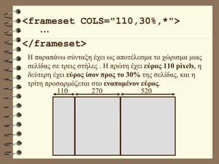 <frameset COLS="110,30%,*">   </frameset> Η παραπάνω σύνταξη έχει ως αποτέλεσμα το χώρισμα μιας σελίδας σε τρεις στήλες . Η πρώτη έχει  εύρος 110 pixels , η δεύτερη έχει  εύρος ίσον προς το 30%  της σελίδας, και η τρίτη προσαρμόζεται στο  εναπομένον εύρος . 110  270  520 