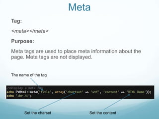 Meta
Tag:
<meta></meta>
Purpose:
Meta tags are used to place meta information about the
page. Meta tags are not displayed.


The name of the tag




       Set the charset          Set the content
 