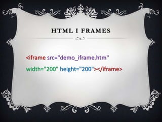 HTML I FRAMES



<iframe src="demo_iframe.htm"
width="200" height="200"></iframe>
 