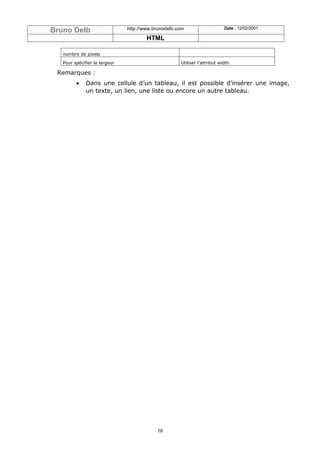 Bruno Delb                     http://www.brunodelb.com                    Date : 12/02/2001

                                       HTML

   nombre de pixels

   Pour spécifier la largeur                         Utiliser l’attribut width.

 Remarques :
         •    Dans une cellule d’un tableau, il est possible d’insérer une image,
              un texte, un lien, une liste ou encore un autre tableau.




                                           16
 
