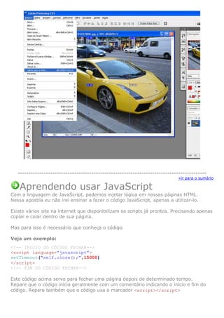 ---------------------------------------------------------------------------------------
                                                                             »ir para o sumário

    Aprendendo usar JavaScript
Com a linguagem de JavaScript, podemos injetar lógica em nossas páginas HTML.
Nessa apostila eu não irei ensinar a fazer o código JavaScript, apenas a utilizar-lo.

Existe vários site na internet que disponibilizam os scripts já prontos. Precisando apenas
copiar e colar dentro de sua página.

Mas para isso é necessário que conheça o código.

Veja um exemplo:
<!-- INICIO DO CÓDIGO FECHAR-->
<script language="javascript">
setTimeout("self.close();",15000)
</script>
<!-- FIM DO CÓDIGO FECHAR-->

Este código acima serve para fechar uma página depois de determinado tempo.
Repare que o código inicia geralmente com um comentário indicando o inicio e fim do
código. Repare também que o código usa o marcador <script></script>
 